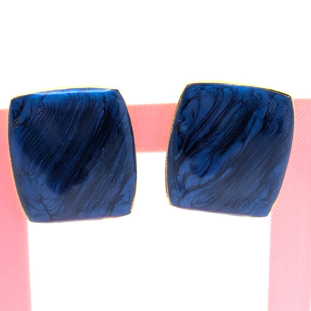 EDGAR BEREBI Navy Blue Marbled Enamel Gold Tone Square Post Earrings Vintage